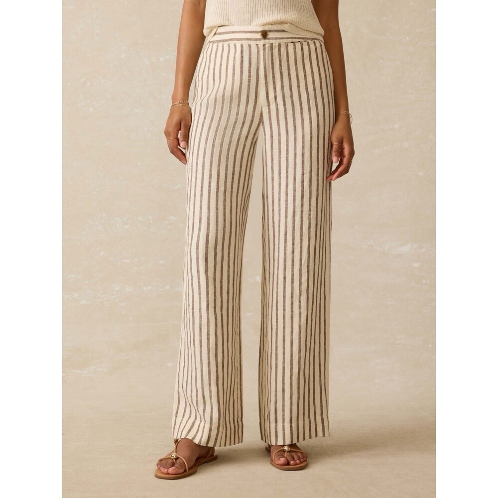 Faherty Sun Strider Linen Pants Cocoa Grove Stripe Womens S Wide Leg Coastal